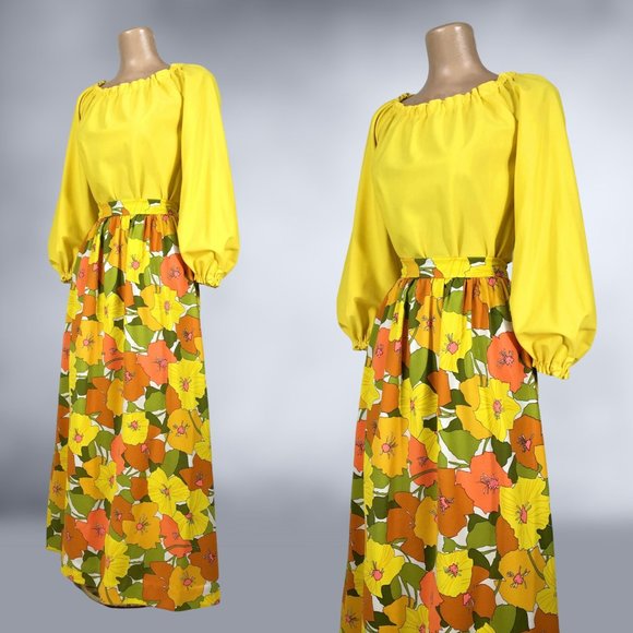 VINTAGE 70s Flower Power Maxi Skirt and Balloon Sleeve Blouse Set Handmade - Picture 4 of 9